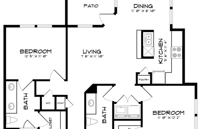 2 beds, 2 baths, 1,075 sqft, $1,735