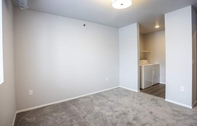 Bright, vacant bedroom with neutral walls and carpet flooring.