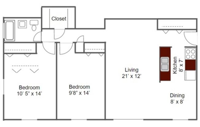 2 beds, 1 bath, 819 sqft, $1,279