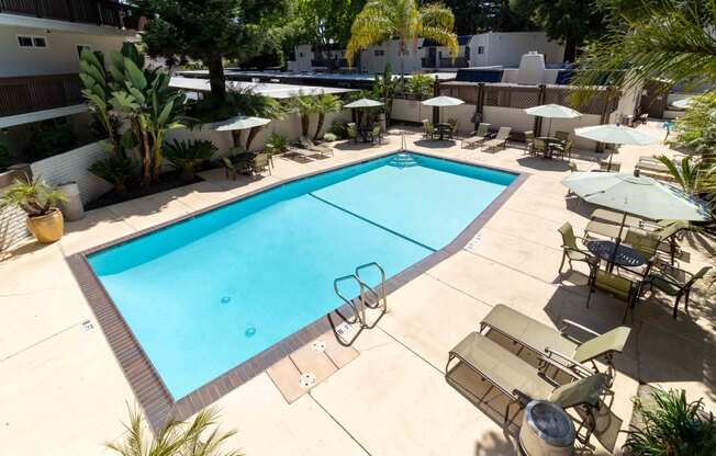 Apartments for Rent in Fremont, CA - Northgate Savoy - Swimming Pool with Lounge Seats, Tables, Chairs, Umbrellas, and Tropical Trees.