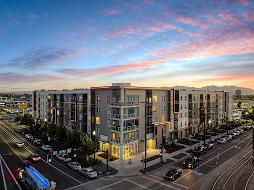 an aerial view of an apartment building at sunset at SevenO2 Main Apartments, Salt Lake City