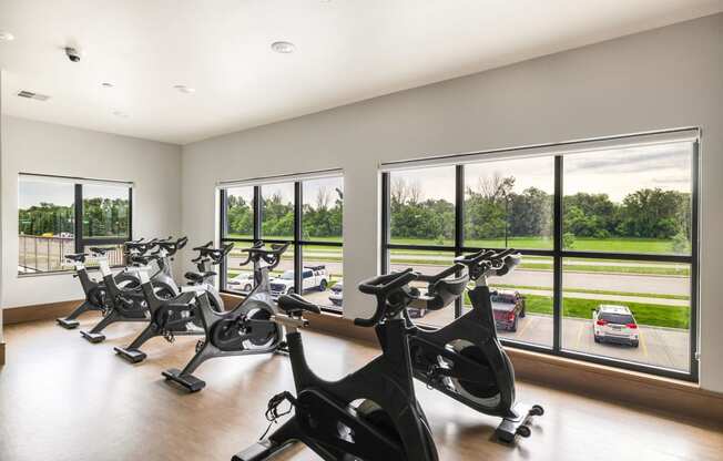 a gym with a row of exercise bikes in front of windows