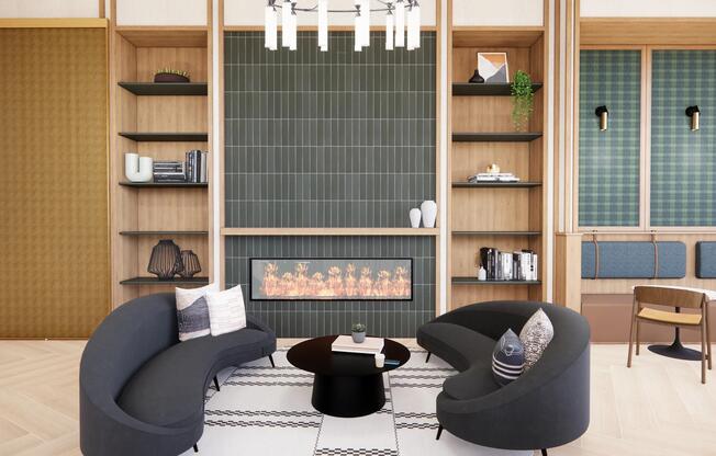 Comfortable and welcoming, Modera Bridle Trail's resident lounge blends modern design with inviting details for relaxing or entertaining.