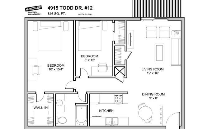 2 beds, 1 bath, 816 sqft, $860, Unit 12