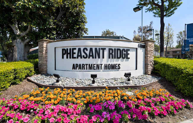 a sign apartments homes in front of colorful flowers