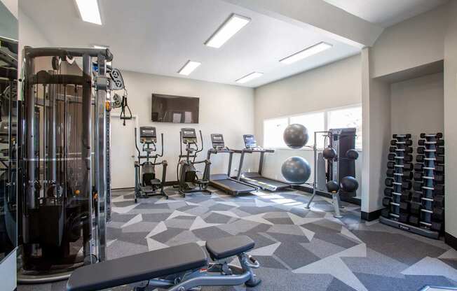 A gym with a variety of equipment including weights and exercise machines.