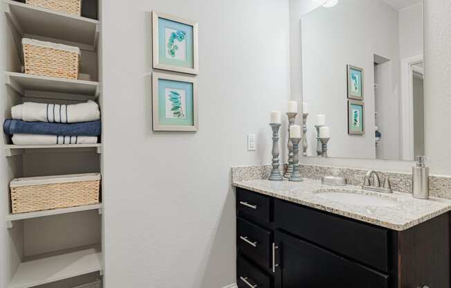 a bathroom with a sink and a mirror and a closet