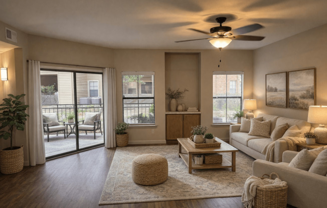 A well-lit living room with a ceiling fan and a large window.
