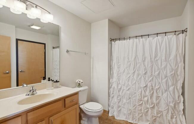 a bathroom with a shower curtain and a sink and a toilet