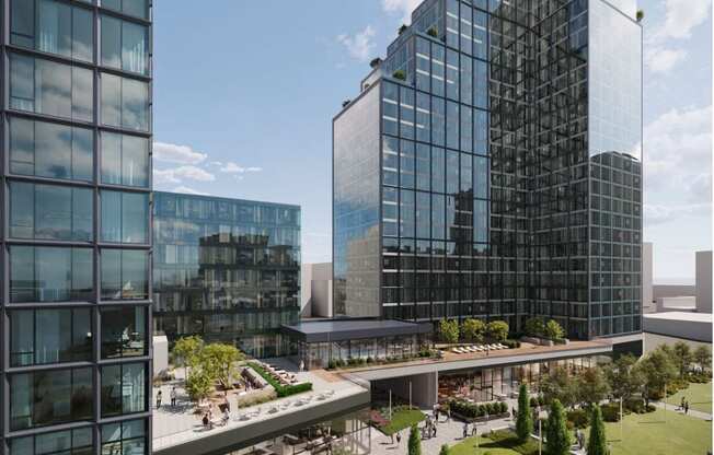 a rendering of a park between two tall buildings at AVE Hamilton Green - 25 Cottage Apartments, New York
