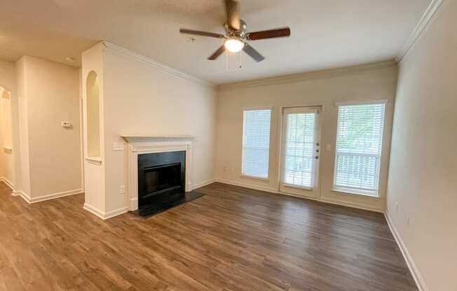 Living Space with High Ceilings and Fireplace located in Lawrenceville, GA