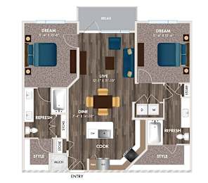 2 beds, 2 baths, 1,125 sqft, $1,492