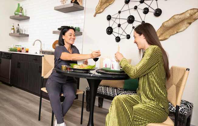Two women are sitting at a table in a modern kitchen.