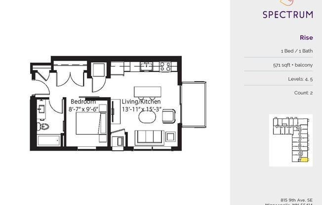 1 bed, 1 bath, 571 sqft, $1,465, Unit 523