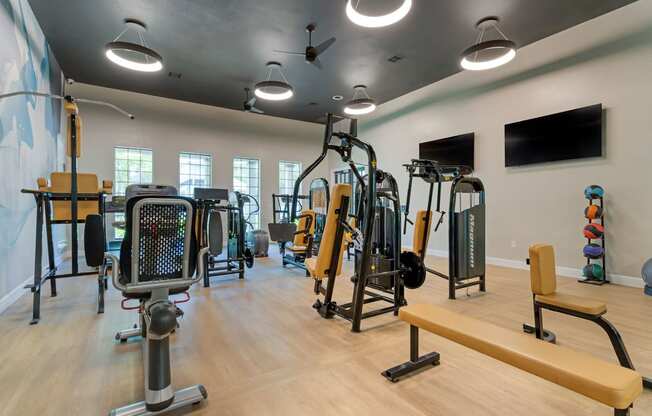 a gym with weights and cardio equipment and a tv on the wall at Summerwind, Pearland, 77584