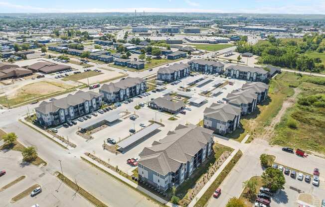 an aerial view of a row of houses in a suburban area  at Union at Wiley, Cedar Rapids, IA, 52404