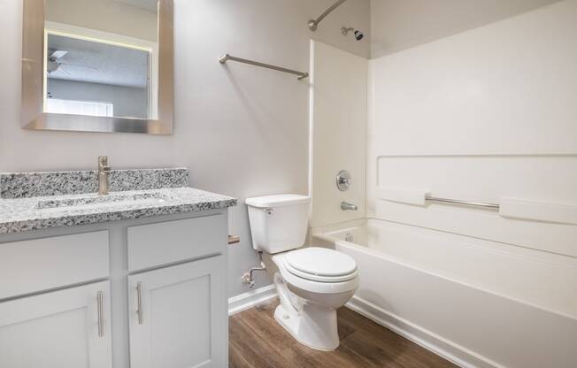 a bathroom with a toilet and a tub and a sink