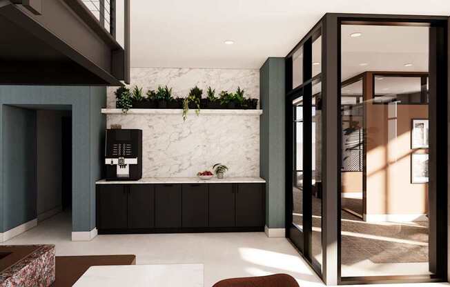 A modern living room with a fireplace and a large mirror.