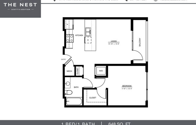 1 bed, 1 bath, 648 sqft, $1,519