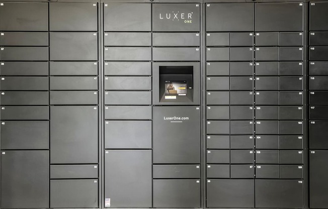 A wall of mailboxes with one open and a sign that says LUXER.