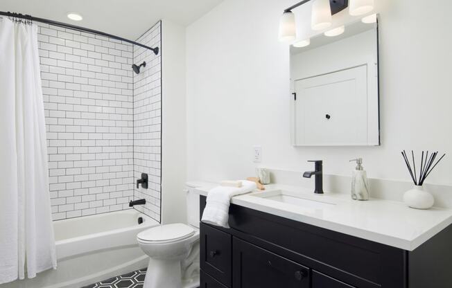 a black and white bathroom with a shower and a sink