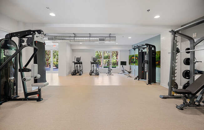 A spacious gym with various exercise machines and equipment.