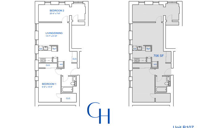 2 beds, 1 bath, 806 sqft, $2,595, Unit B-107