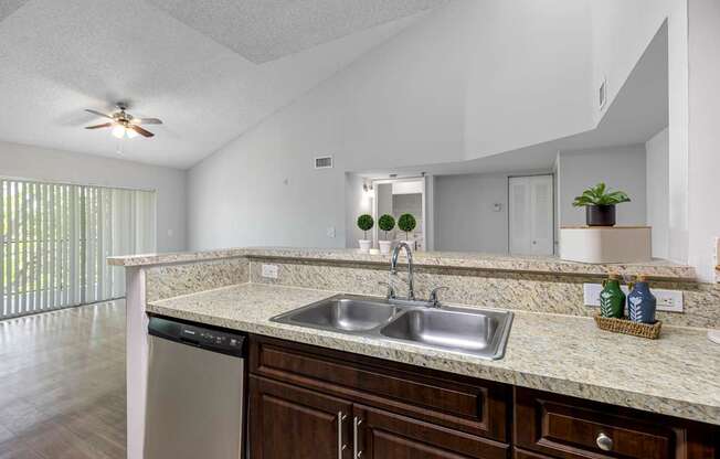 A kitchen with a sink and a dishwasher.