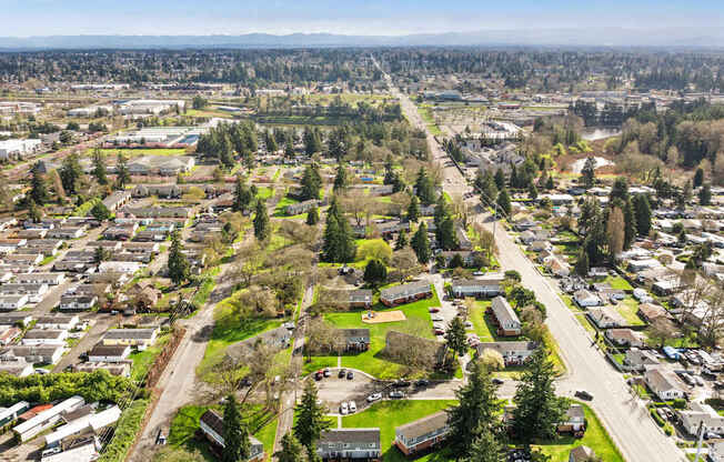 A bird's eye view of a residential area with houses, trees, and roads.