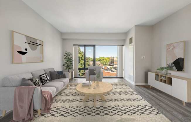 an open living room with a gray couch, a coffee table, and large windows at Residences at Manchester Place in Manchester New Hampshire