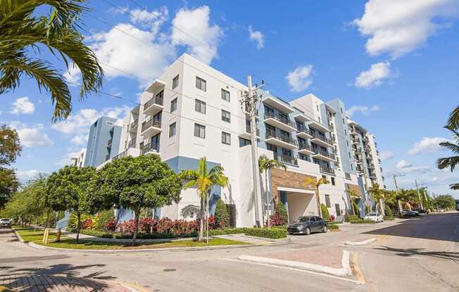 A modern multi-story building with a white and blue exterior is surrounded by palm trees and has a clear blue sky above.
