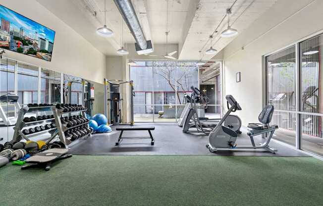 A gym with a variety of equipment including weights, a rowing machine, and a treadmill.