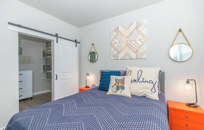 a bedroom with a bed in a room