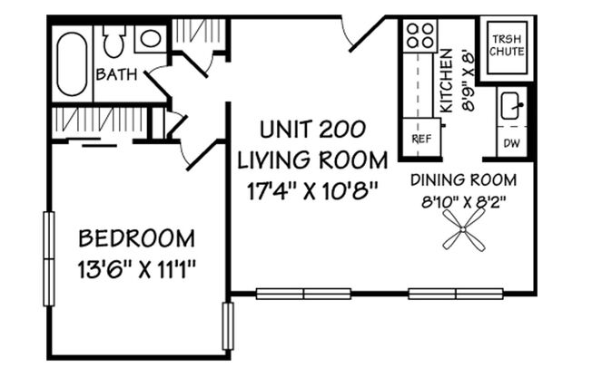 1 bed, 1 bath, 615 sqft, $1,645, Unit 200