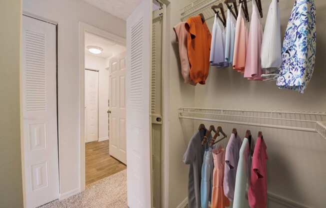 a closet with clothes hanging on a rack and a door to a hallway
