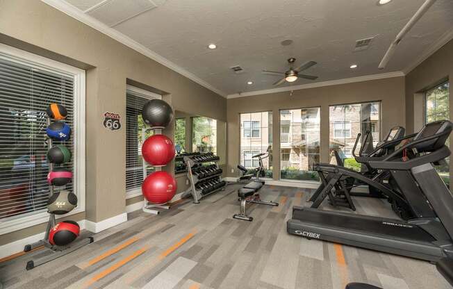 Gym with exercise balls at Woodbridge Villas Apartments, Sachse, 75048