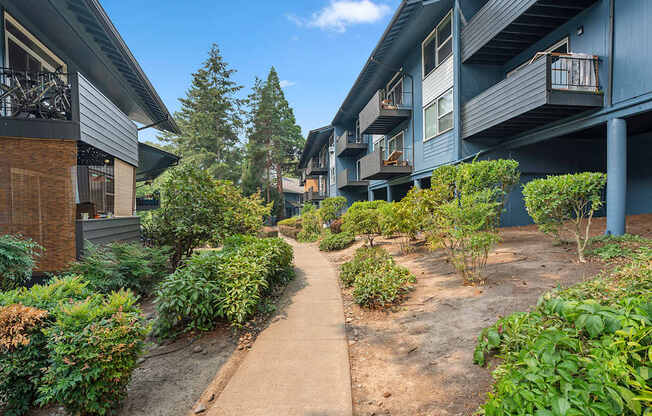 A pathway leads through a landscaped courtyard between two buildings.