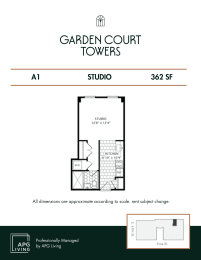 Studio, 1 bath, 362 sqft, $1,225