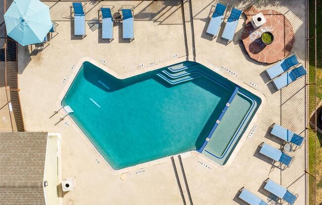 Drone View Of Pool at Wildwood Apartments, CLEAR Property Management, Austin, TX