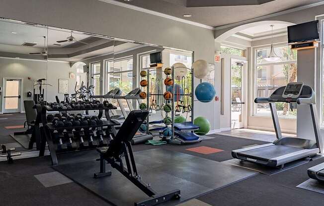 A gym with a variety of equipment including a treadmill, weights, and exercise balls.at Palazzo Townhomes, Phoenix, AZ  