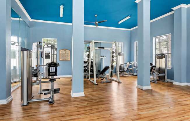 a gym with weights and other exercise equipment in a room with blue walls at Villages of Cypress Creek, Houston