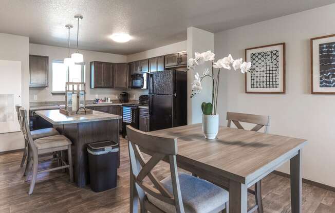 Contemporary open-concept space with large kitchen island.