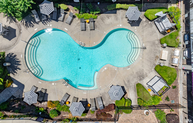 an overhead view of a swimming pool with umbrellas