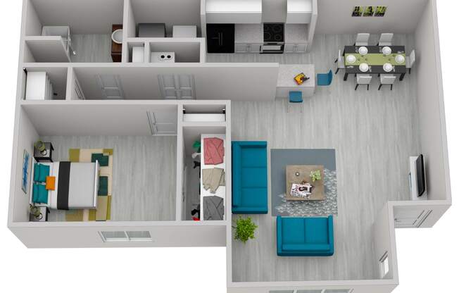 a stylized floor plan with a bedroom and living room