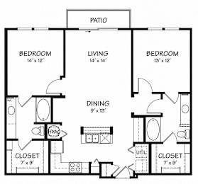 2 beds, 2 baths, 1,111 sqft, $1,550
