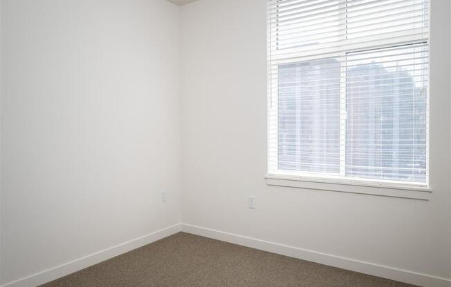 an empty room with a window and a carpet