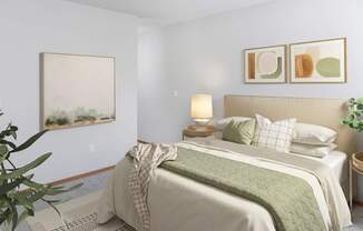 A bedroom with a large bed and a painting on the wall.