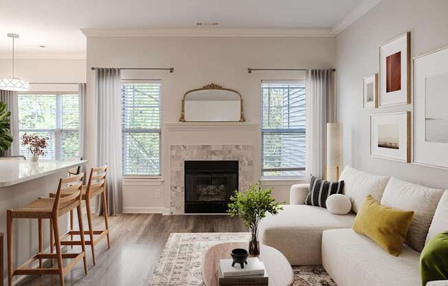 A living room with a fireplace and a couch.