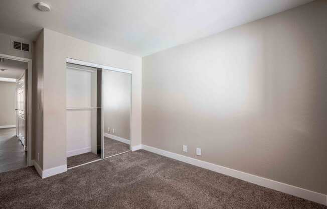 a living room with carpet and a door to a closet