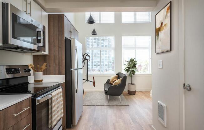 an overhead view of a living room with a bed and a futon